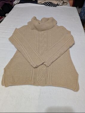 JEANNE PIERRE Beige Cable Knit Turtleneck Sweater Business Casual